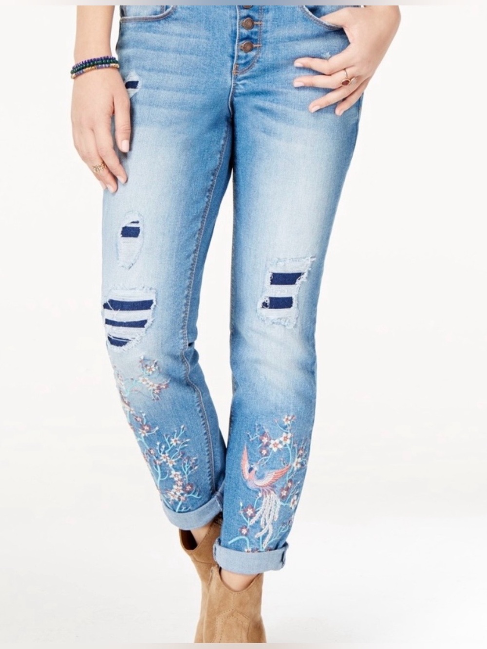 Black Daisy Embroidered Distressed Relaxed Skinny Jeans 5